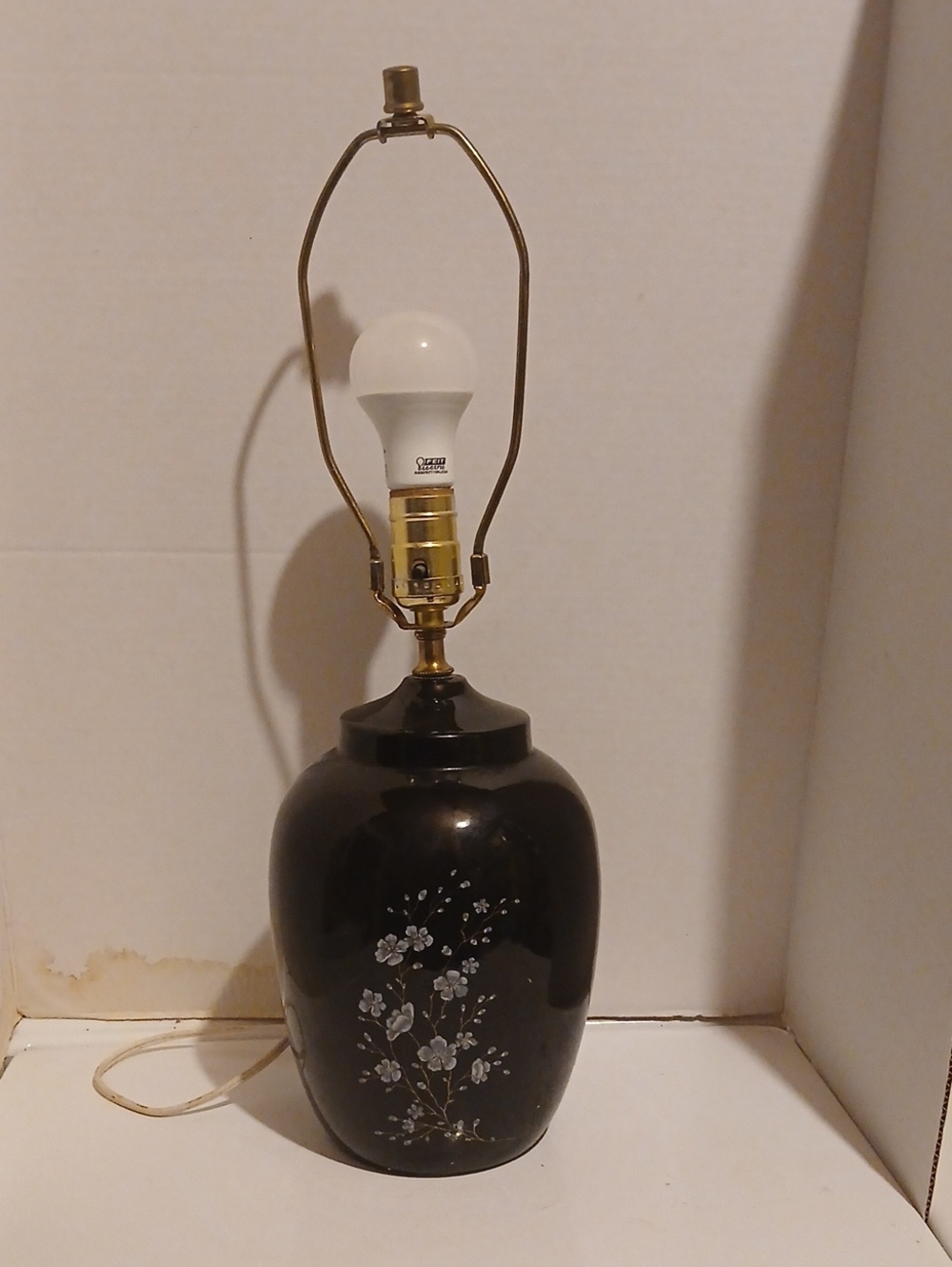 Vintage Black Ginger Jar Lamp with Dogwood Floral Motif